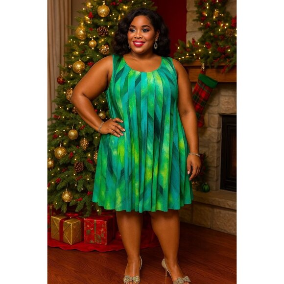 Glamour Plus Size 16W Dress Green Abstract Print Sleeveless Pleated Fully Lined - Picture 9 of 10